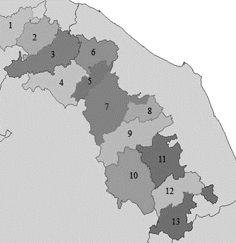 Nelle Marche "aree interne" e comunità montane (evidenziate in foto) occupano la maggior parte del territorio